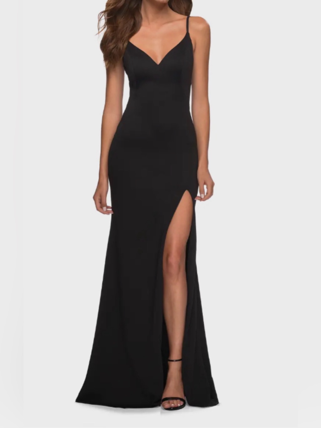 La Femme Black V-Neck Side Slit Jersey Gown